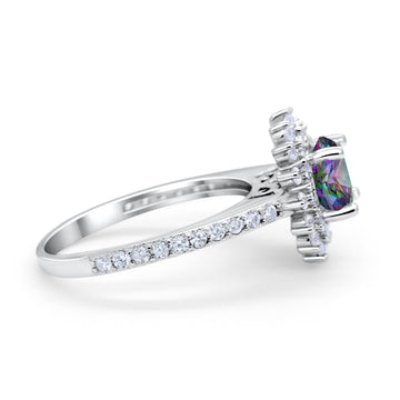 Halo Starburst Flower Wedding Ring Simulated Rainbow CZ 925 Sterling Silver